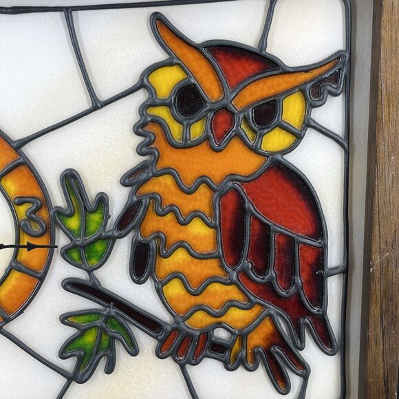 Vintage Simulated Faux Stained Glass Owl Clock Wood Frame Signed TAMOR Retro MCM - Picture 7 of 16